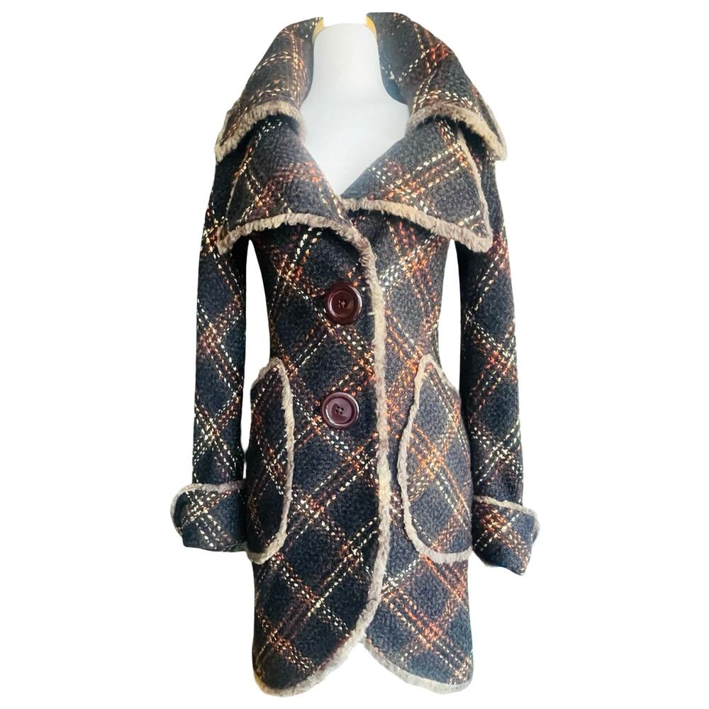 An Ren New York Vintage Plaid Wool Blend Bouclé Coat, Faux Shearling Trim Size S